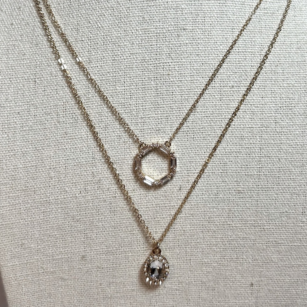 NWOT Lot of two Costume Bling Rhinestone Necklaces Gold Tone Chains Adjustable